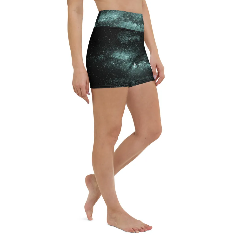 Galaxy Cosmos Yoga Shorts, Blue Mysterious Space Deep Galaxy Biker Rider Shorts-Made in USA/EU