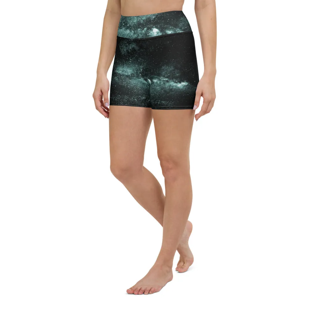 Galaxy Cosmos Yoga Shorts, Blue Mysterious Space Deep Galaxy Biker Rider Shorts-Made in USA/EU