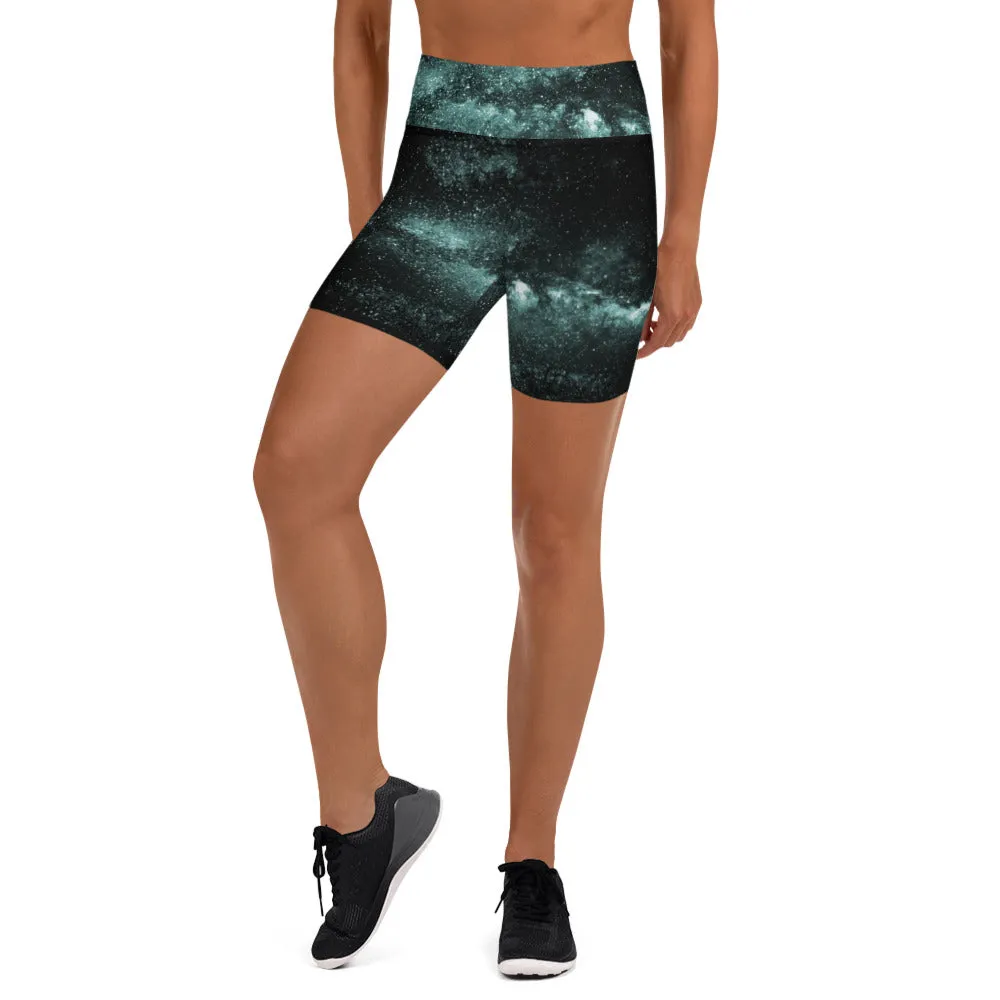Galaxy Cosmos Yoga Shorts, Blue Mysterious Space Deep Galaxy Biker Rider Shorts-Made in USA/EU