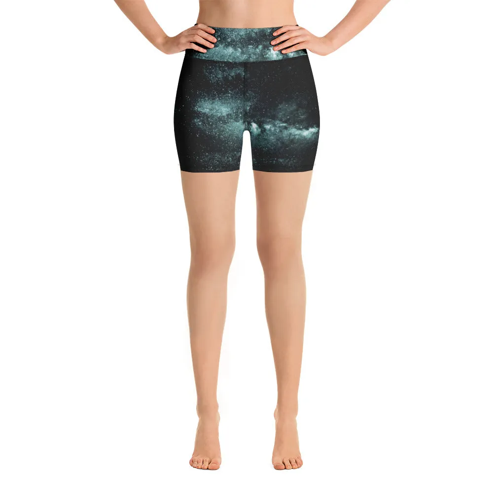 Galaxy Cosmos Yoga Shorts, Blue Mysterious Space Deep Galaxy Biker Rider Shorts-Made in USA/EU