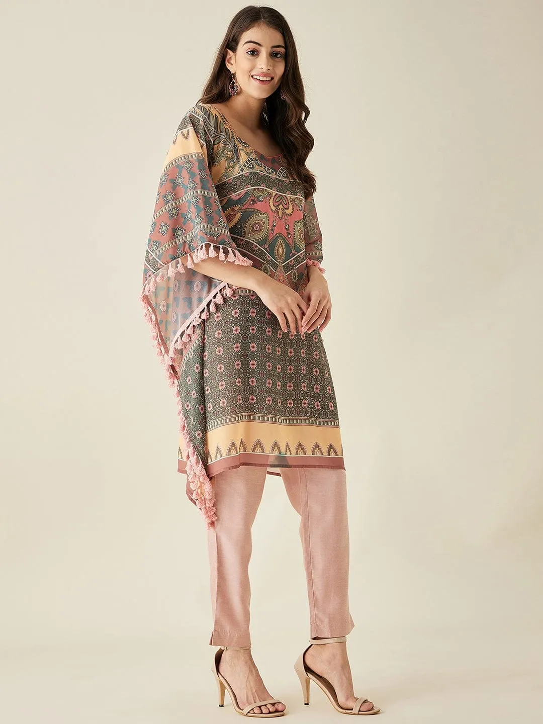 Green Abstract Floral Printed Kaftan Kurta