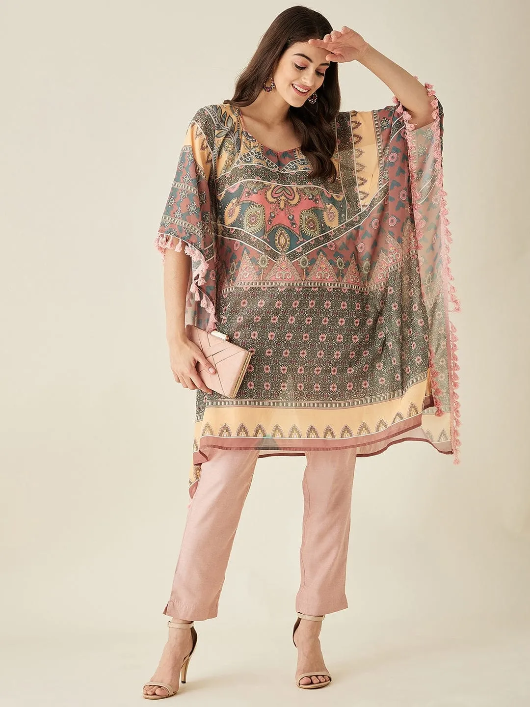 Green Abstract Floral Printed Kaftan Kurta