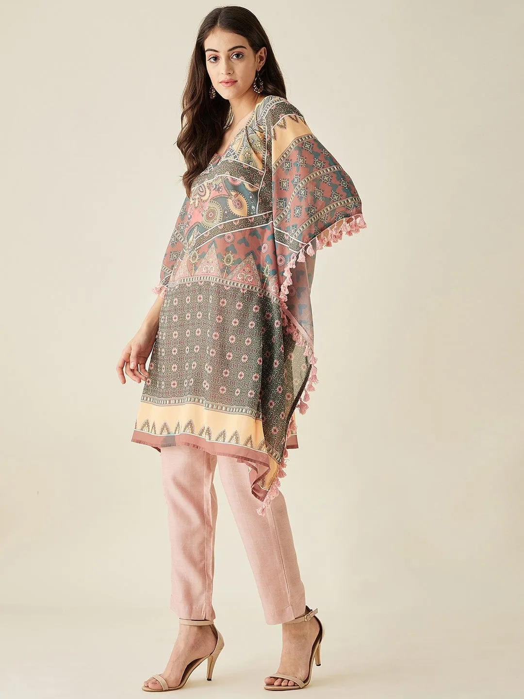 Green Abstract Floral Printed Kaftan Kurta
