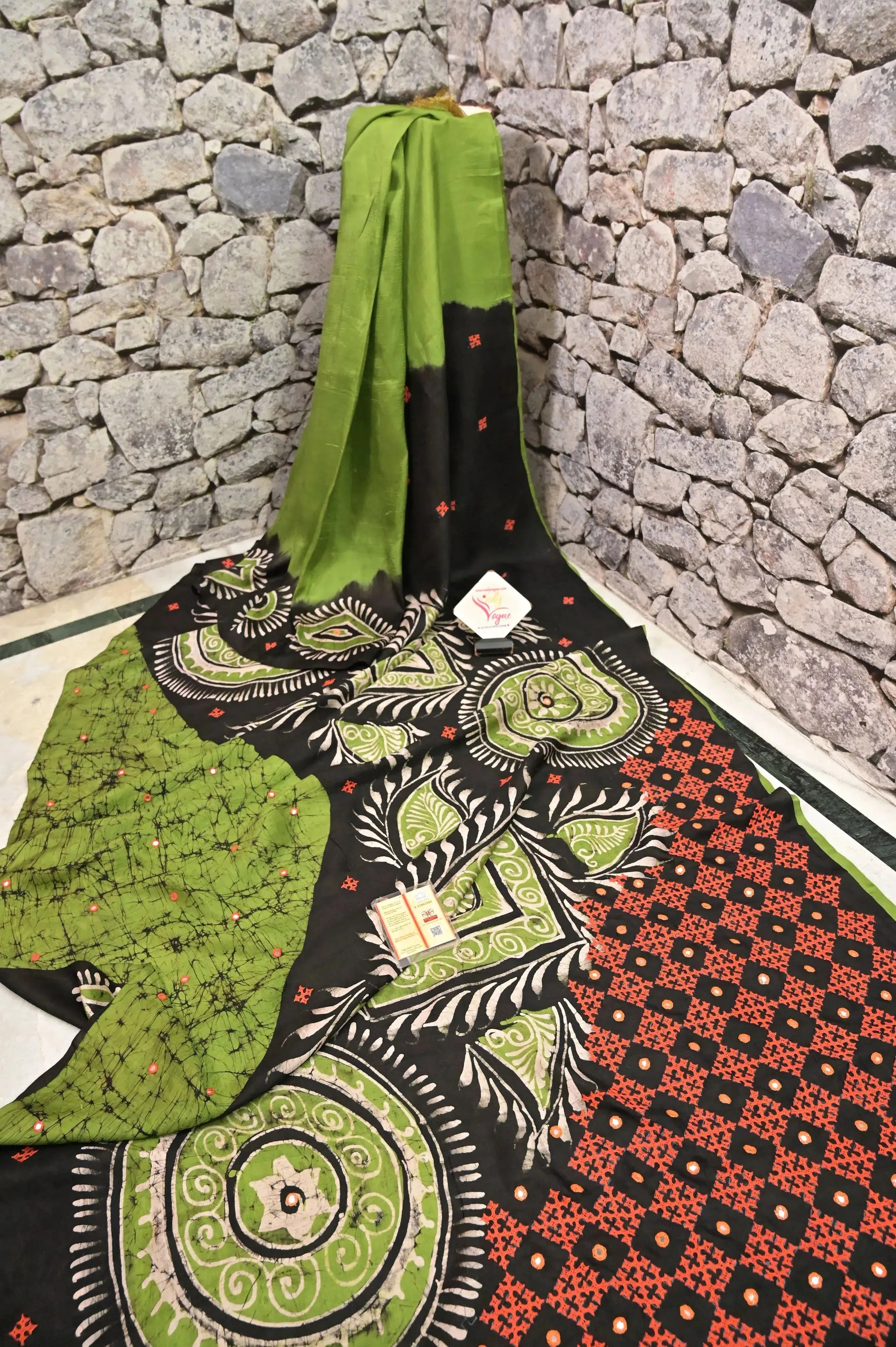 Green and Black Color Pure Bishnupuri Silk Saree with Gujrati Embroidery and Hand Batik Work