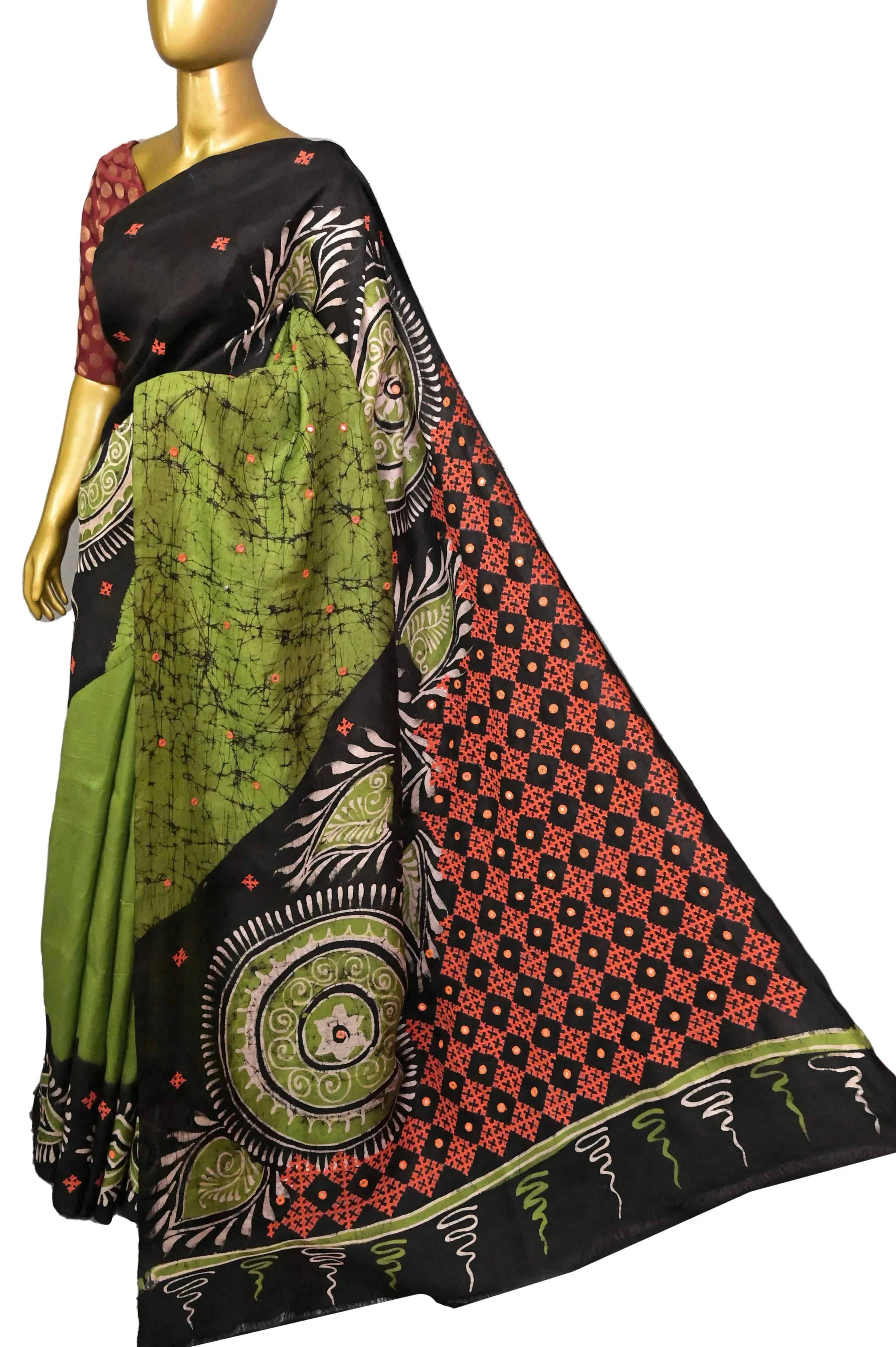 Green and Black Color Pure Bishnupuri Silk Saree with Gujrati Embroidery and Hand Batik Work