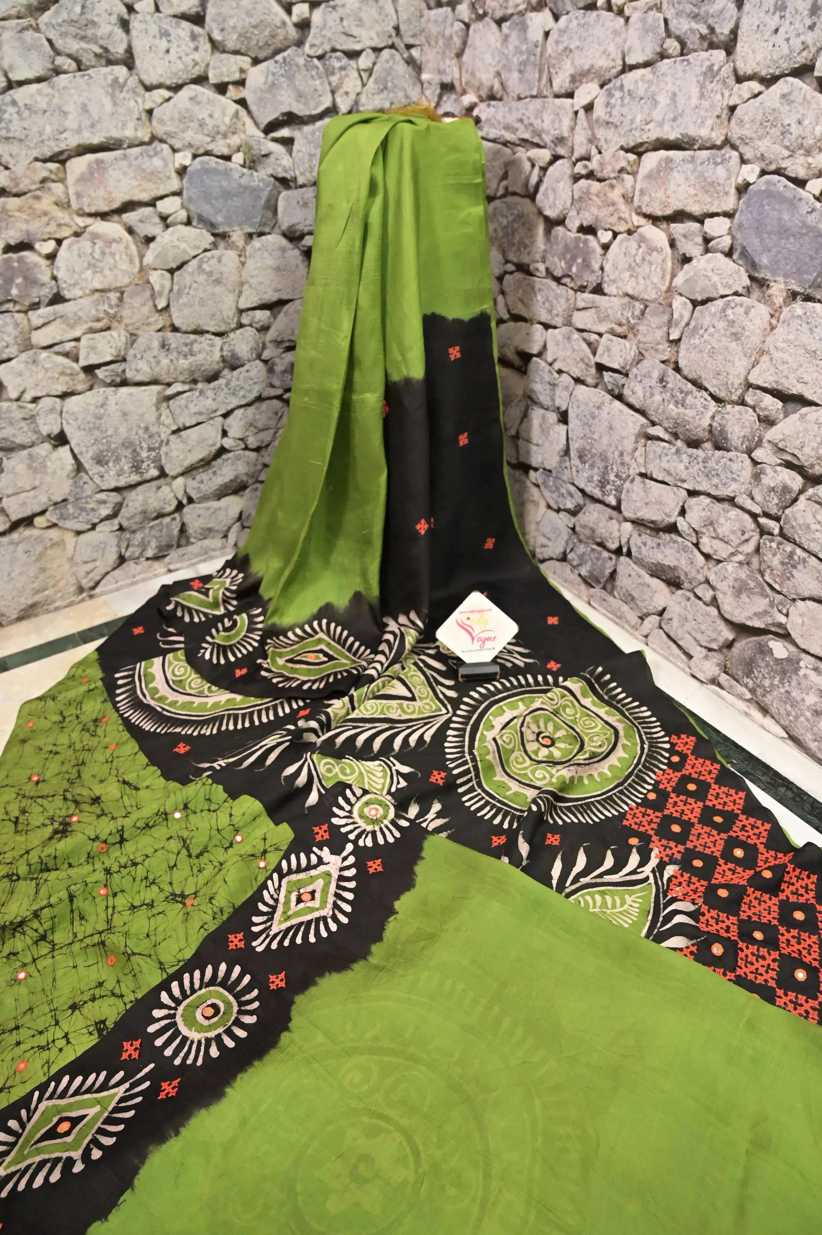 Green and Black Color Pure Bishnupuri Silk Saree with Gujrati Embroidery and Hand Batik Work