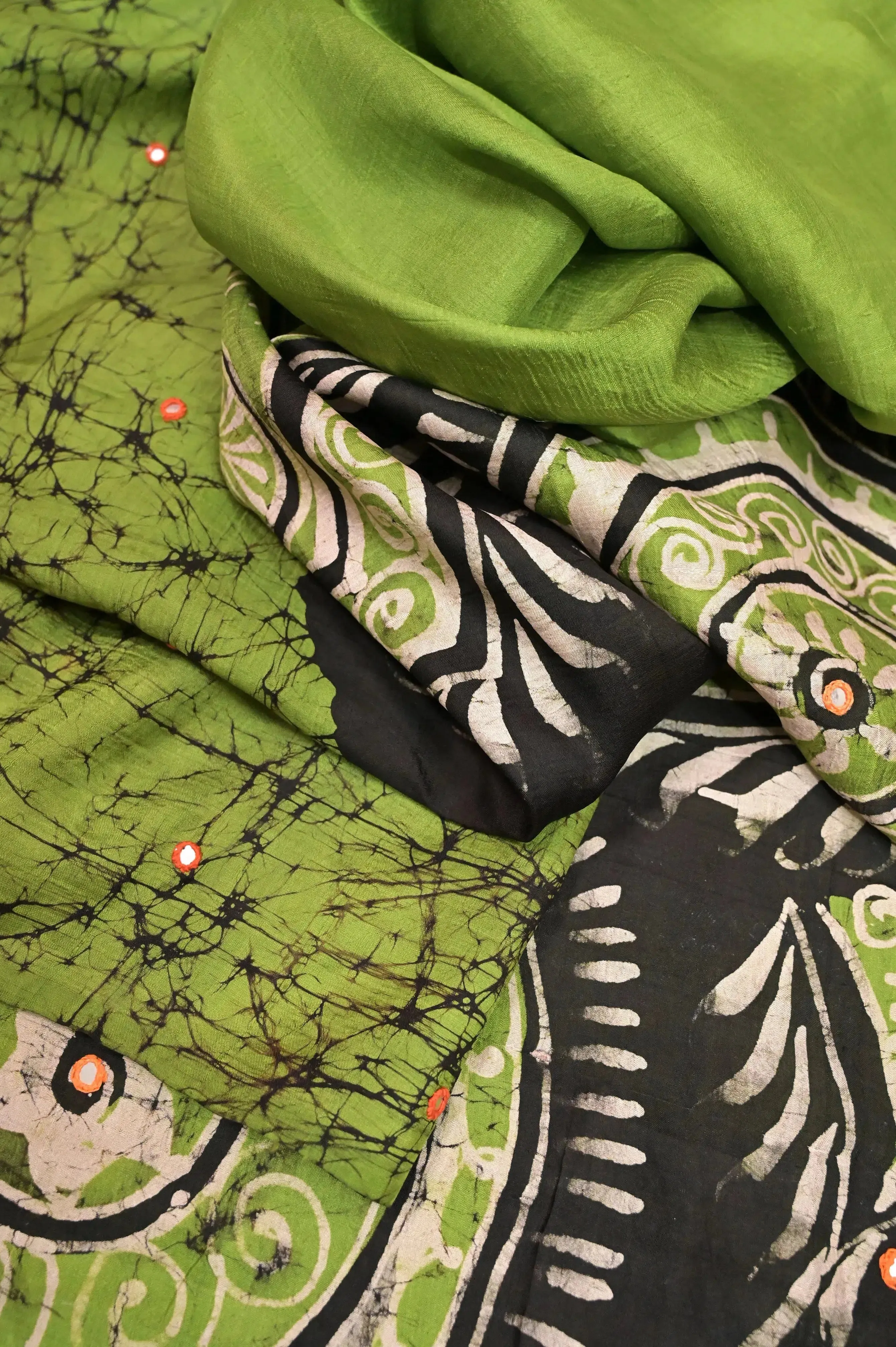 Green and Black Color Pure Bishnupuri Silk Saree with Gujrati Embroidery and Hand Batik Work