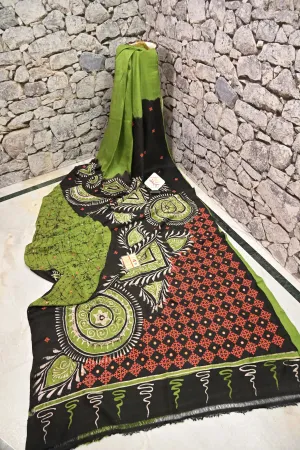 Green and Black Color Pure Bishnupuri Silk Saree with Gujrati Embroidery and Hand Batik Work