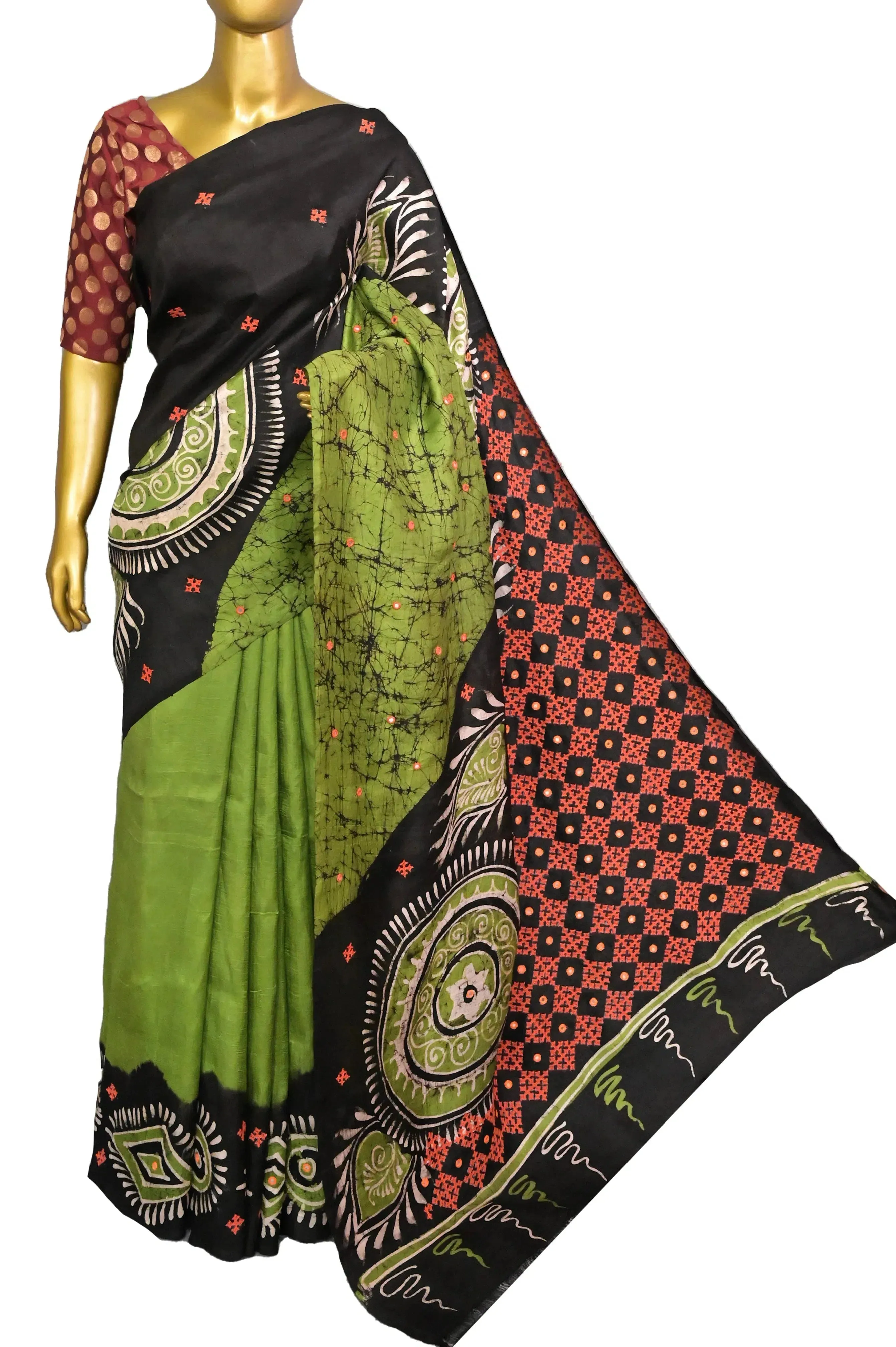 Green and Black Color Pure Bishnupuri Silk Saree with Gujrati Embroidery and Hand Batik Work
