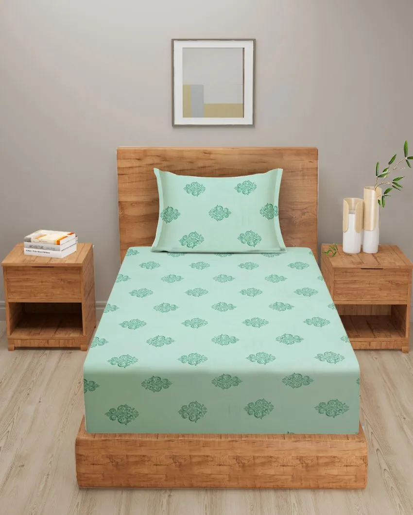 Green Ethnic Motif Zinnia Cotton Single Bedsheet With Pillow Cover | 90 x 60 inches