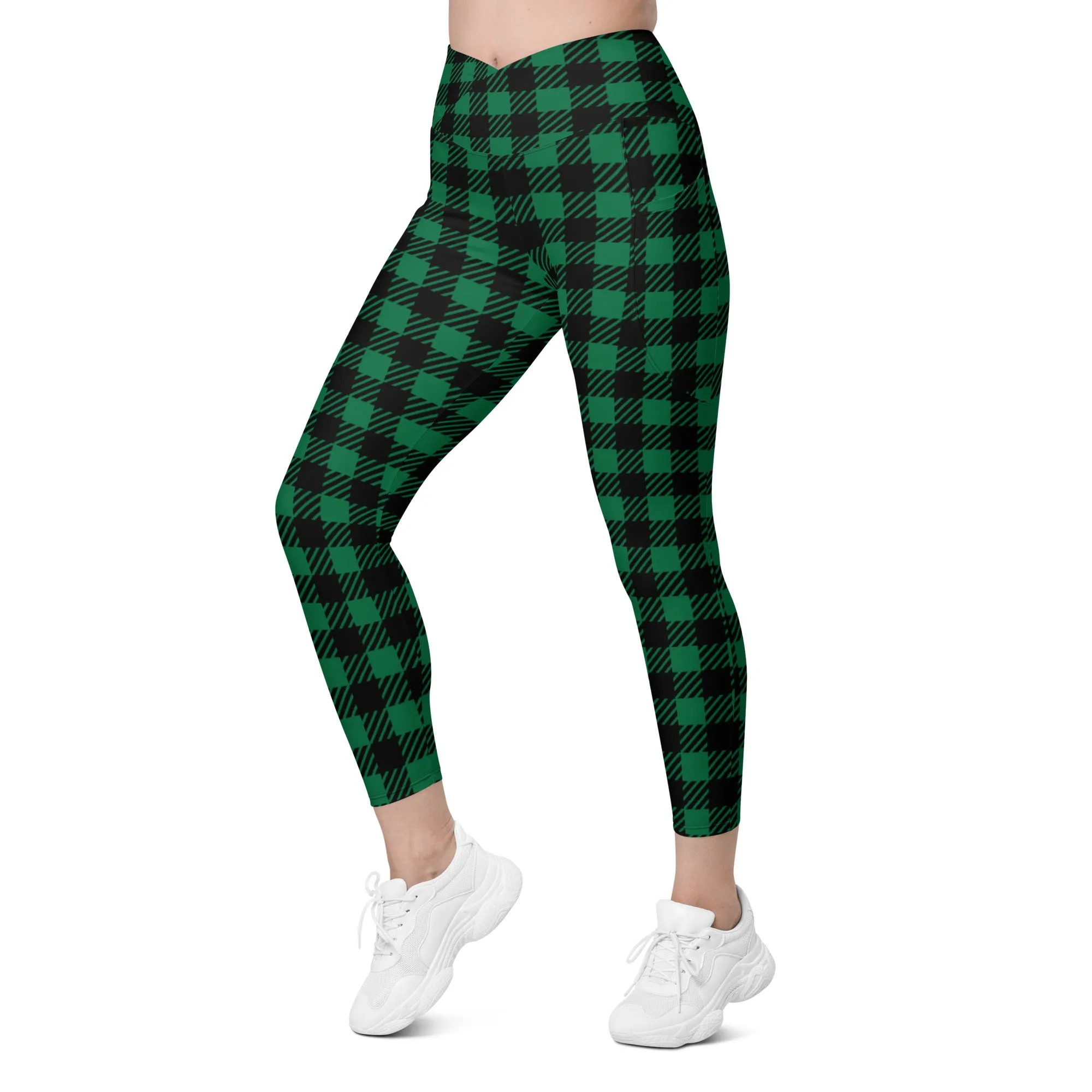 Green Plaid Print Women's Tights, Best Green Plaid Print Women's Crossover Leggings With Pockets For Ladies - Made in USA/EU/MX