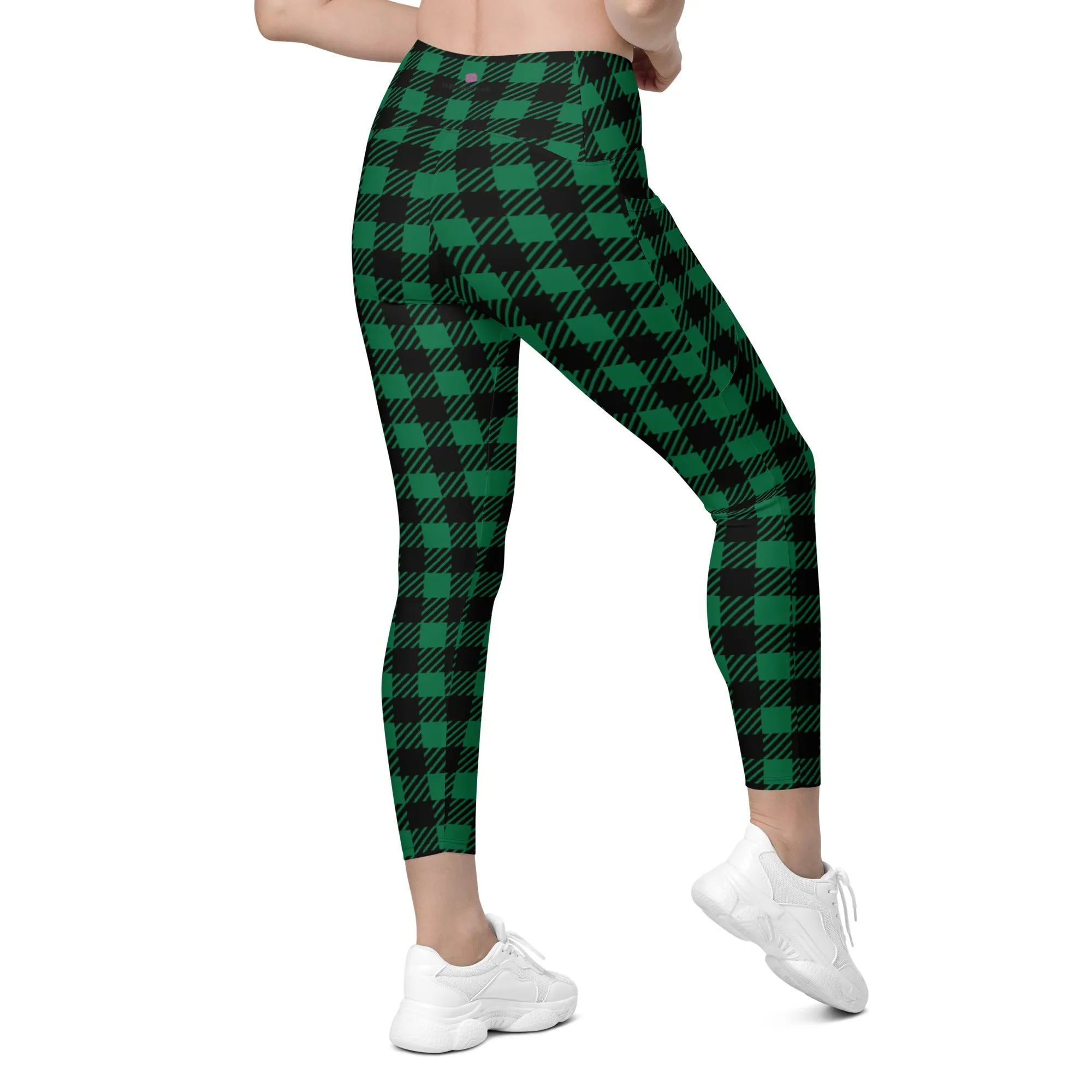 Green Plaid Print Women's Tights, Best Green Plaid Print Women's Crossover Leggings With Pockets For Ladies - Made in USA/EU/MX