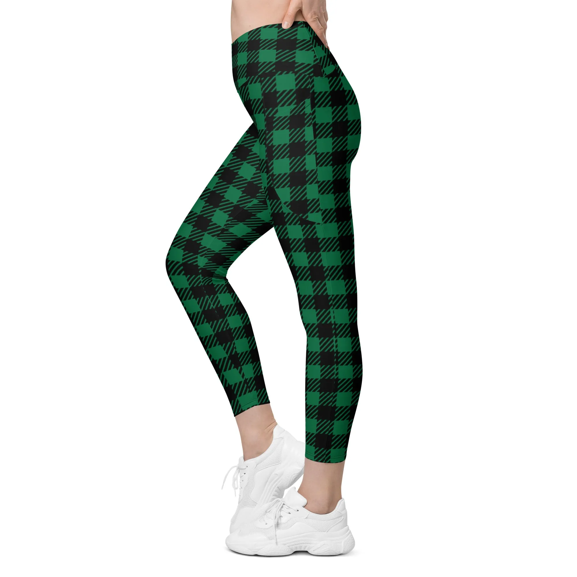 Green Plaid Print Women's Tights, Best Green Plaid Print Women's Crossover Leggings With Pockets For Ladies - Made in USA/EU/MX