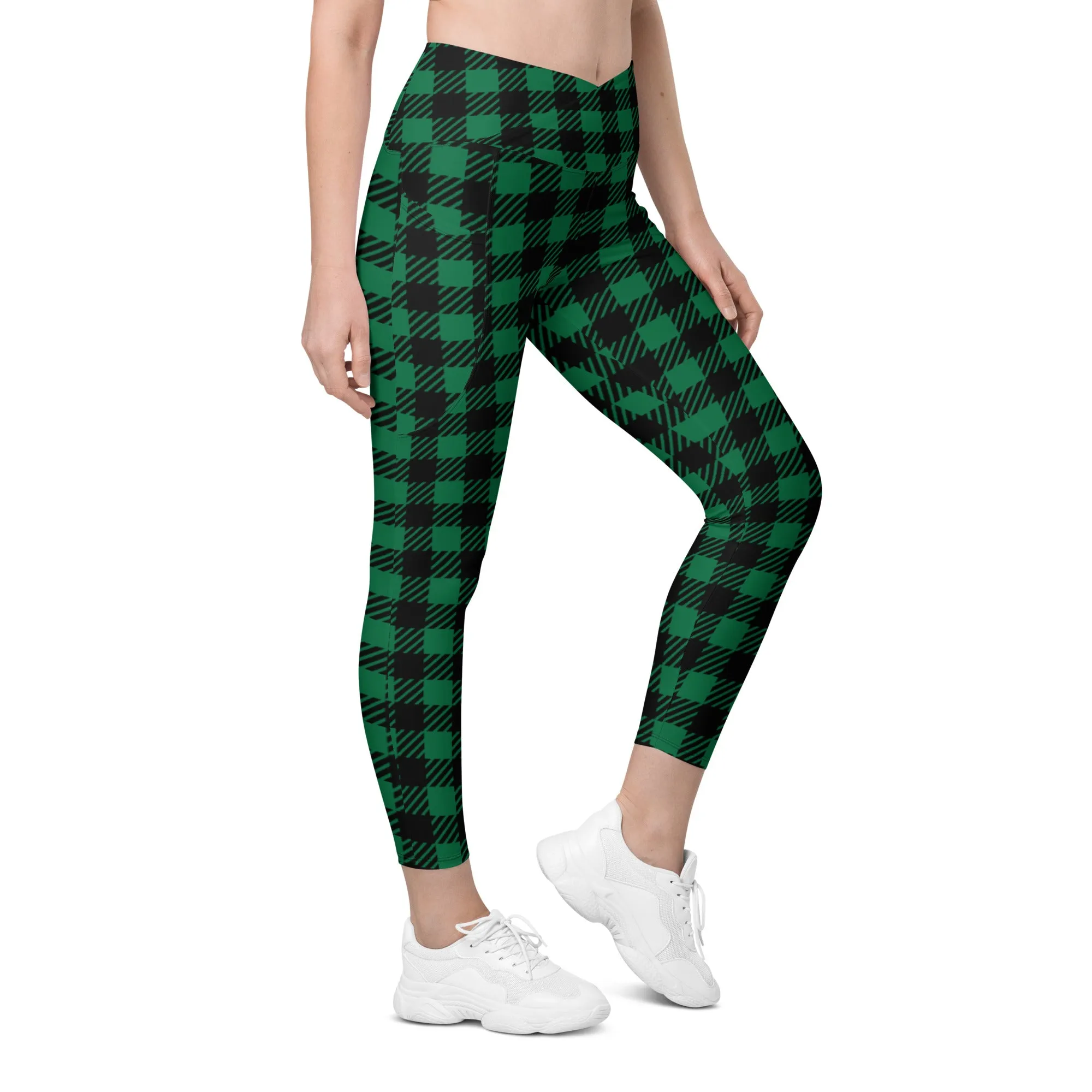 Green Plaid Print Women's Tights, Best Green Plaid Print Women's Crossover Leggings With Pockets For Ladies - Made in USA/EU/MX