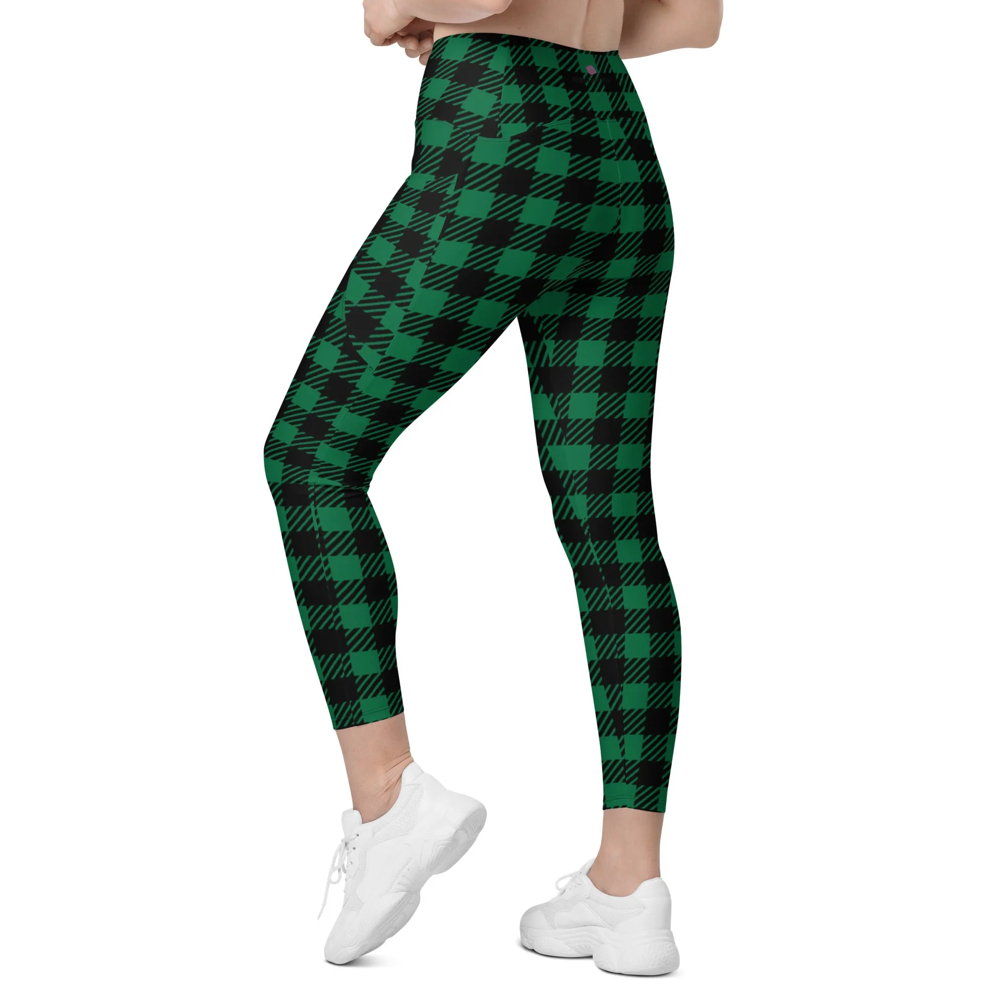 Green Plaid Print Women's Tights, Best Green Plaid Print Women's Crossover Leggings With Pockets For Ladies - Made in USA/EU/MX