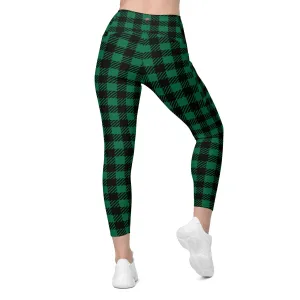 Green Plaid Print Women's Tights, Best Green Plaid Print Women's Crossover Leggings With Pockets For Ladies - Made in USA/EU/MX