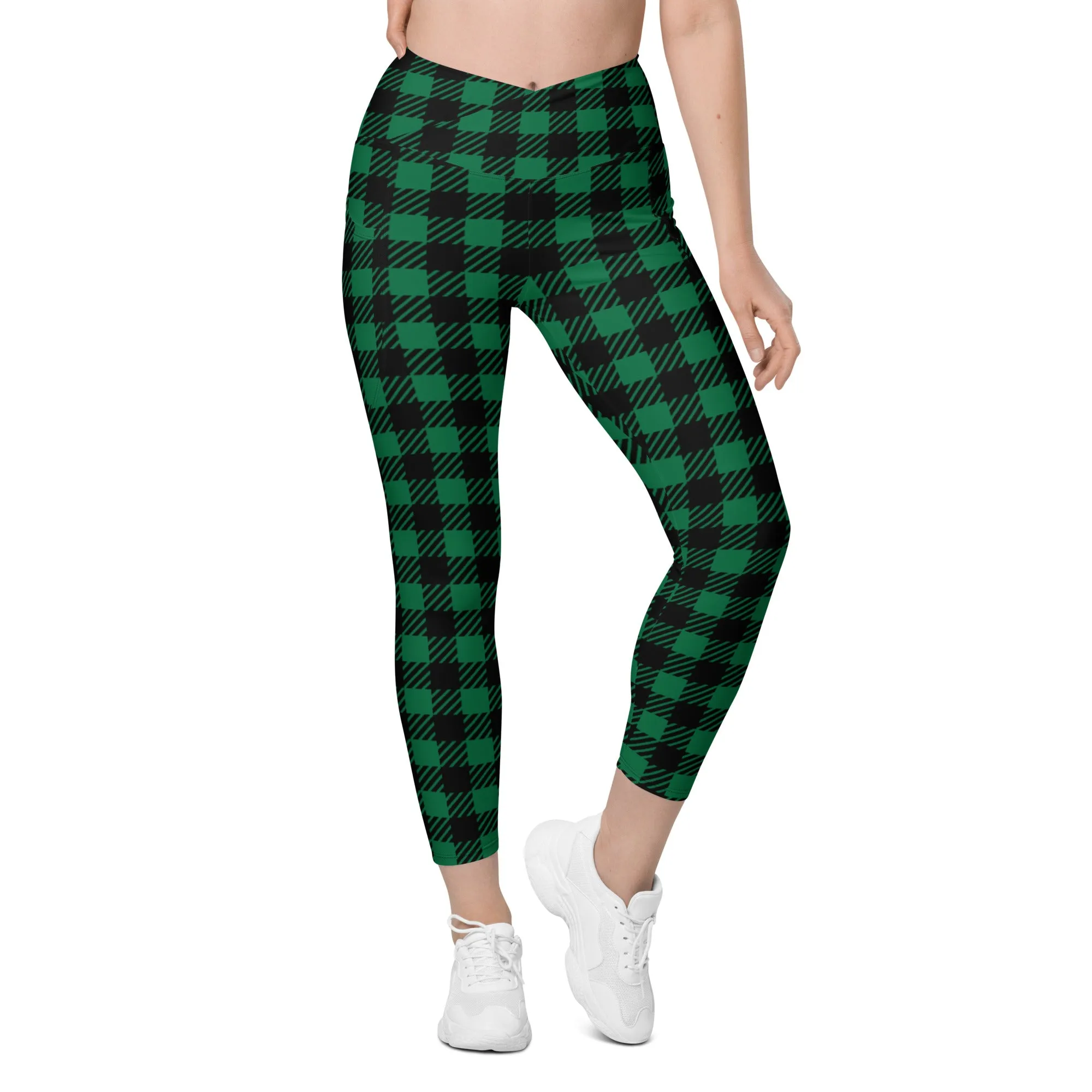 Green Plaid Print Women's Tights, Best Green Plaid Print Women's Crossover Leggings With Pockets For Ladies - Made in USA/EU/MX