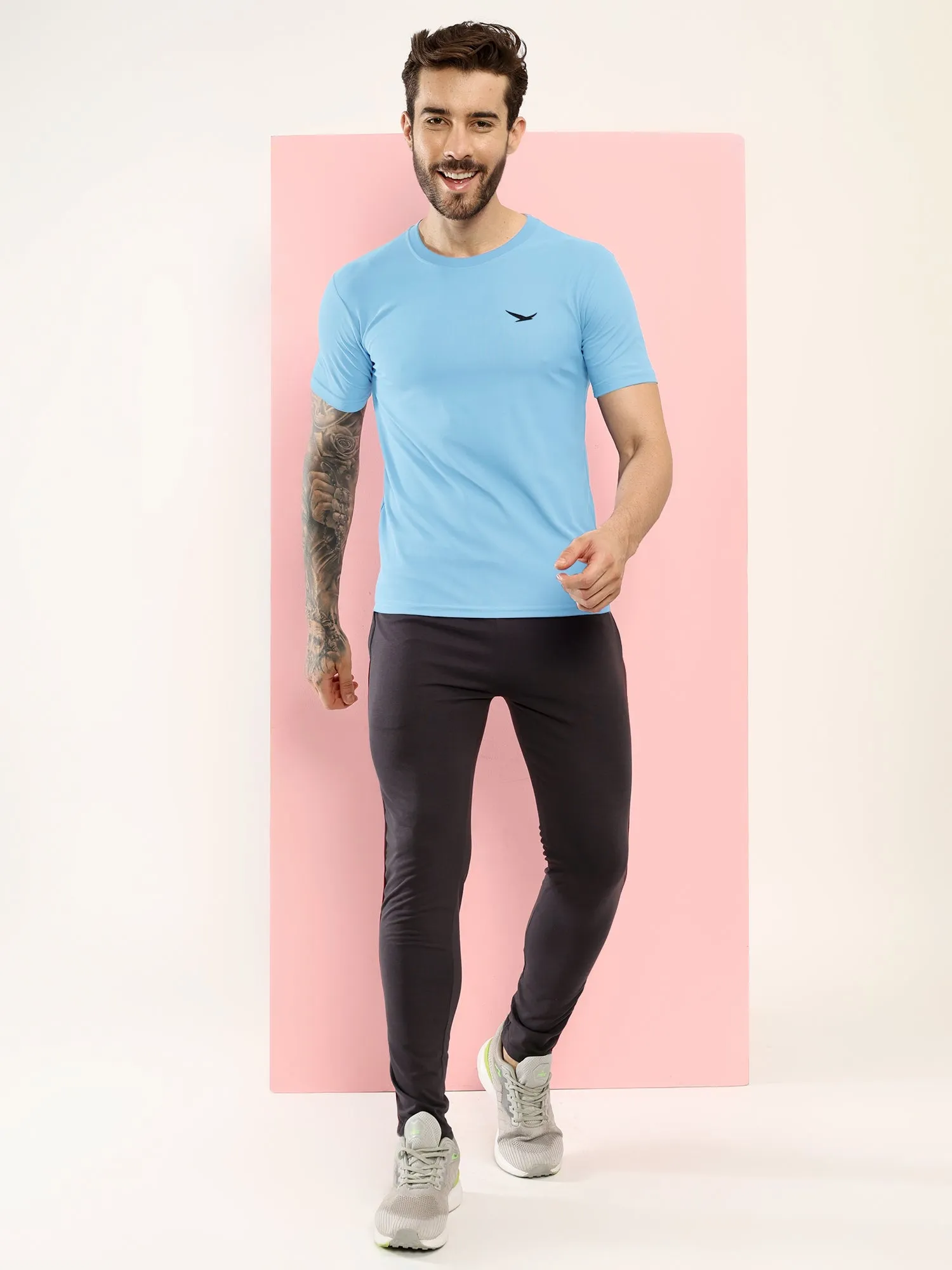 Hiflyers Men Regular Fit Polyster Pique Round Neck Half Sleev Tshirt Sky Blue
