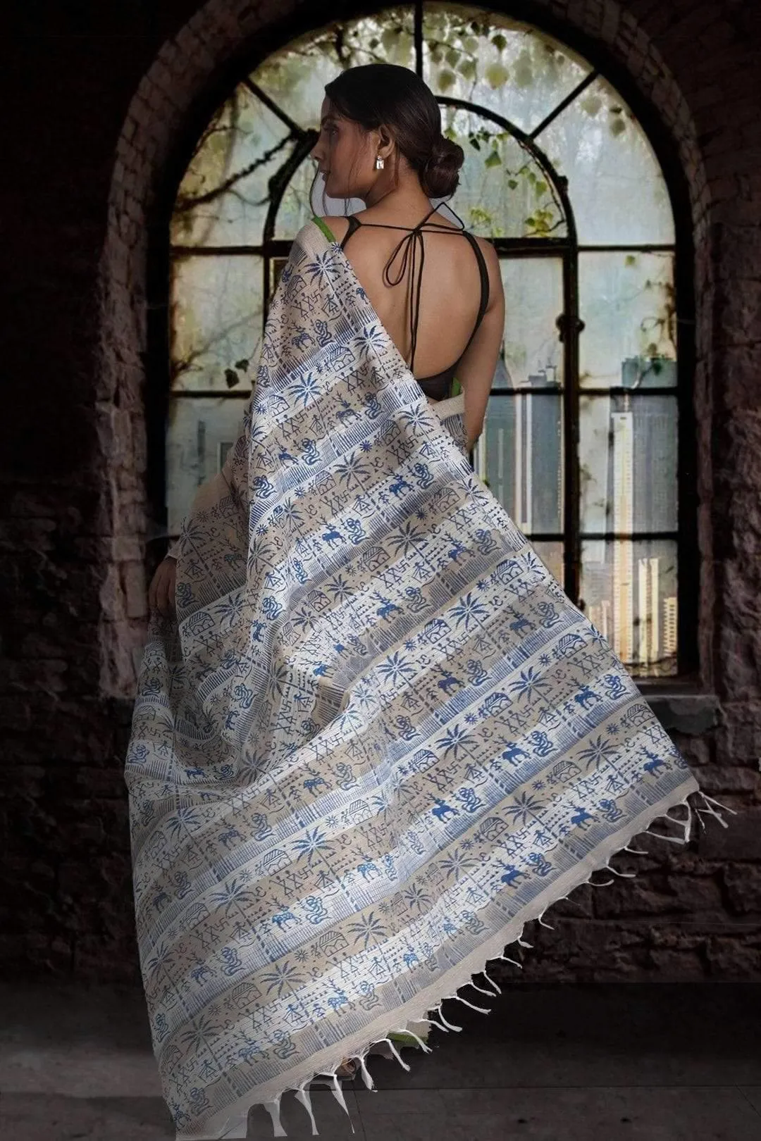 Hypnotic Beige Colored  Festive Wear Printed  Pure Linen Saree