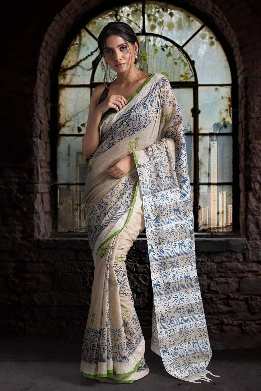 Hypnotic Beige Colored  Festive Wear Printed  Pure Linen Saree