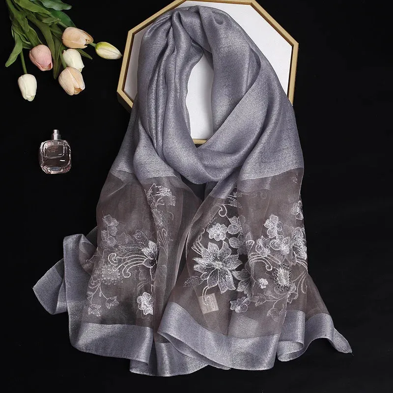 Luxury Silk Shawl Scarf for Women Embroidered Floral Hijab