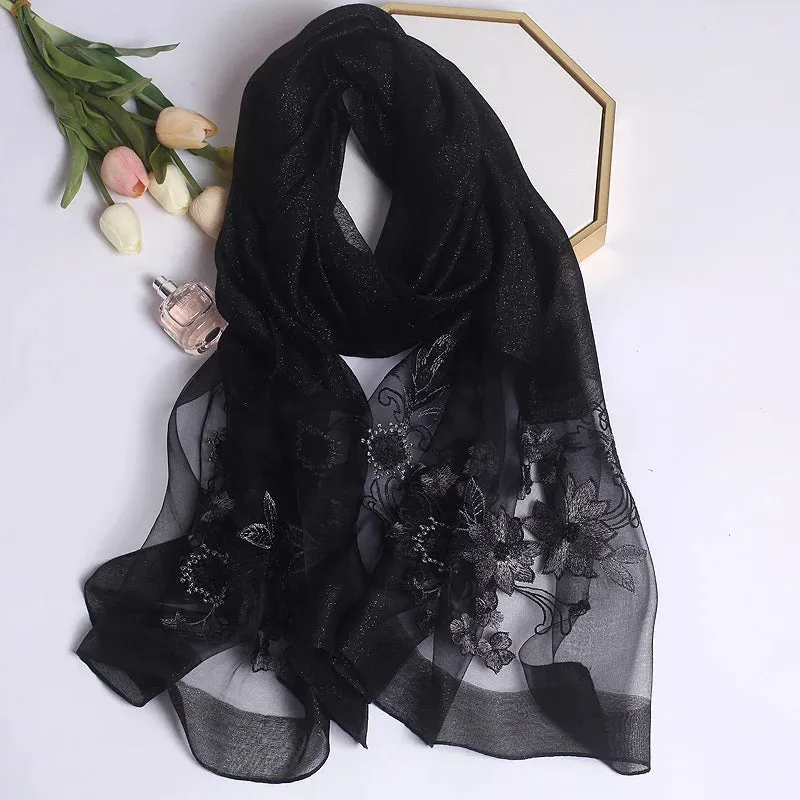 Luxury Silk Shawl Scarf for Women Embroidered Floral Hijab