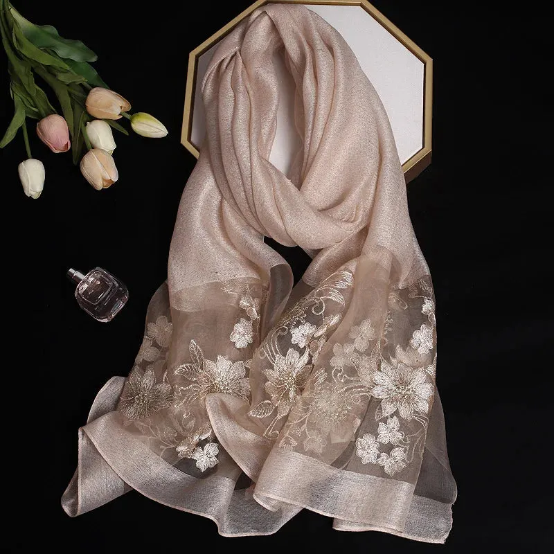Luxury Silk Shawl Scarf for Women Embroidered Floral Hijab