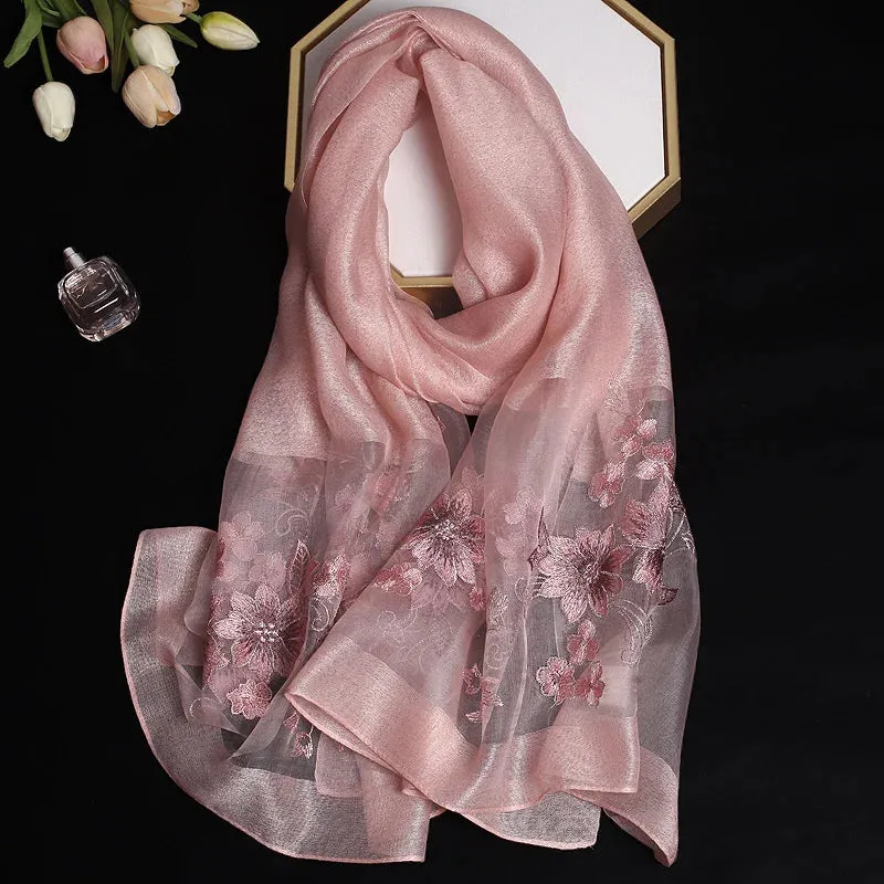 Luxury Silk Shawl Scarf for Women Embroidered Floral Hijab