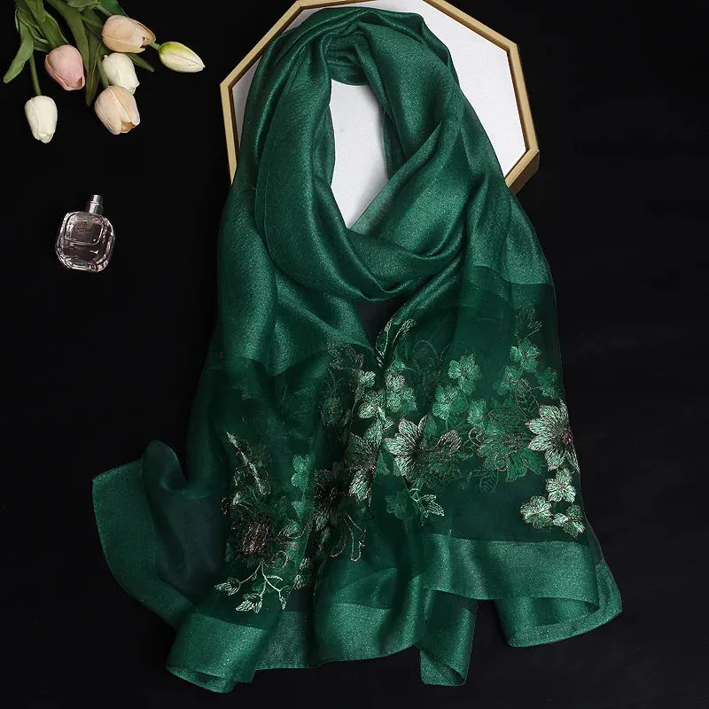 Luxury Silk Shawl Scarf for Women Embroidered Floral Hijab