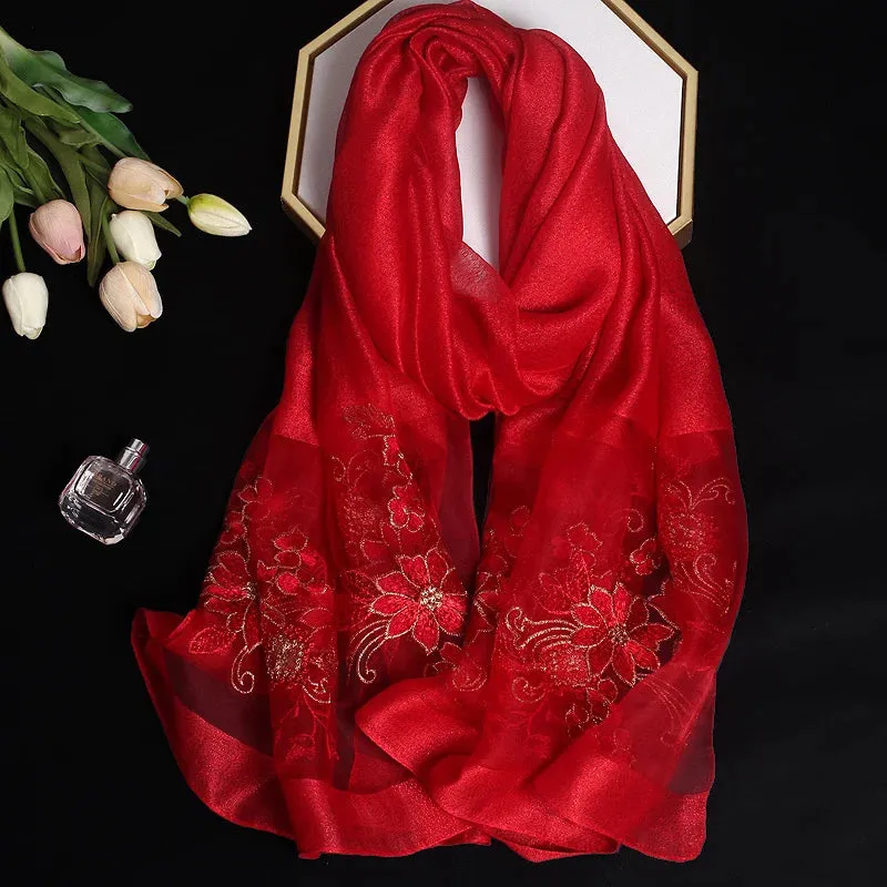 Luxury Silk Shawl Scarf for Women Embroidered Floral Hijab