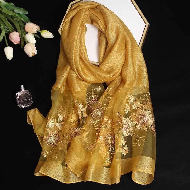 Luxury Silk Shawl Scarf for Women Embroidered Floral Hijab