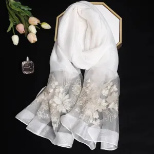 Luxury Silk Shawl Scarf for Women Embroidered Floral Hijab