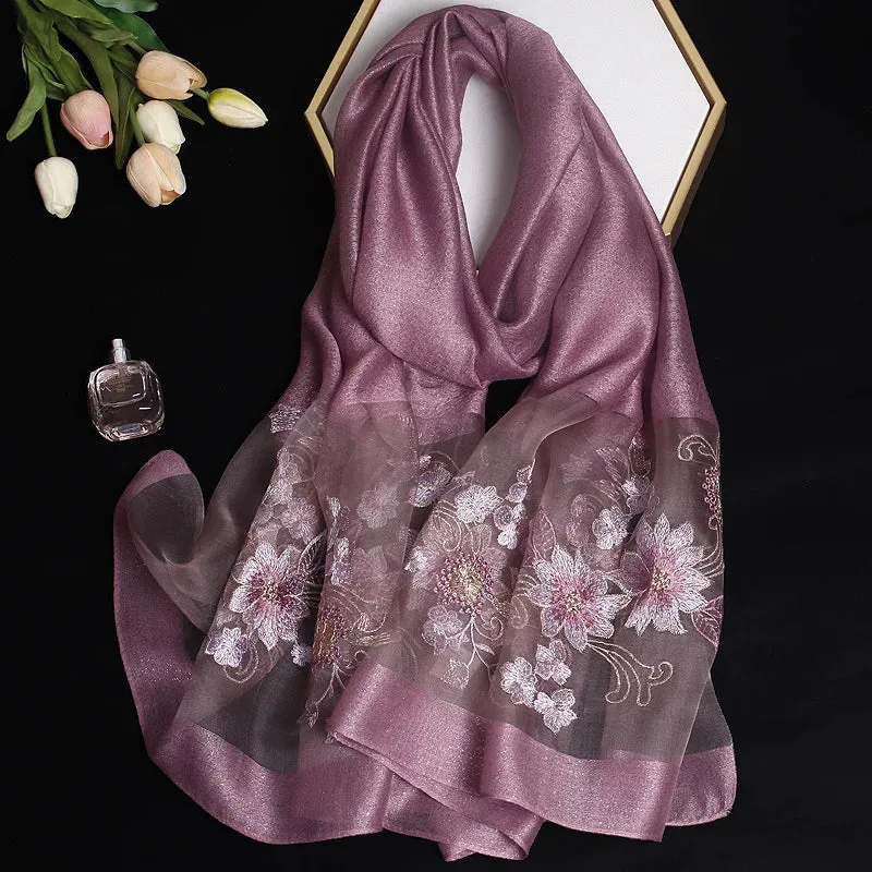 Luxury Silk Shawl Scarf for Women Embroidered Floral Hijab