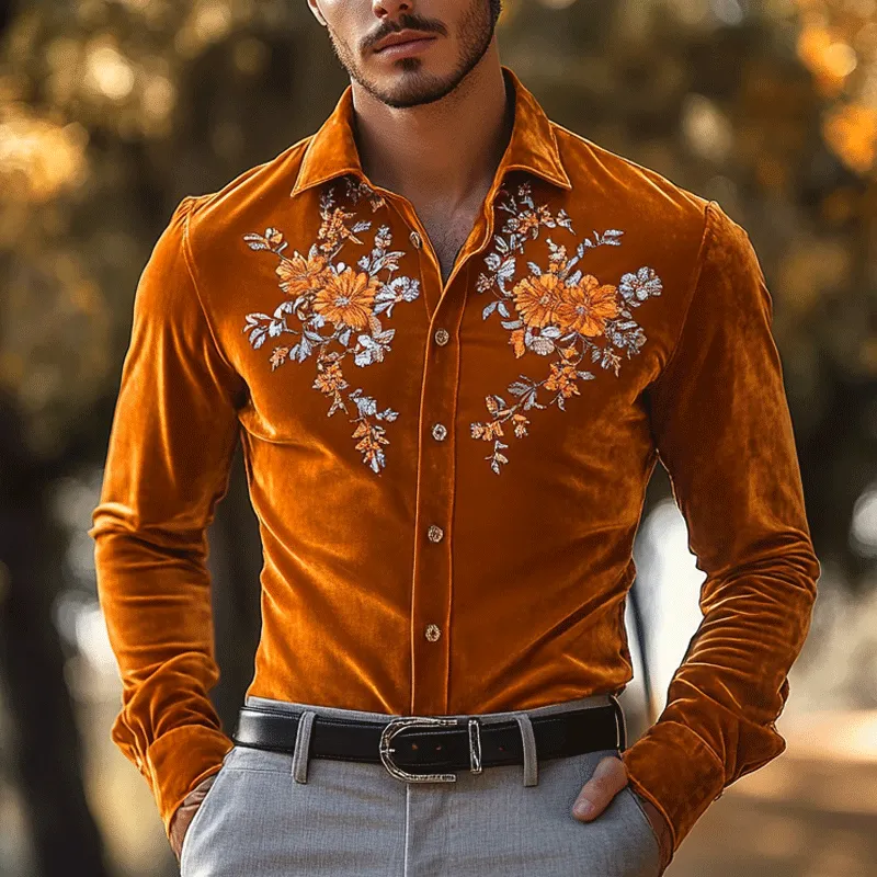 Men's Fashion Embroidery Lapel Long Sleeve Velvet Shirt 00618495Z