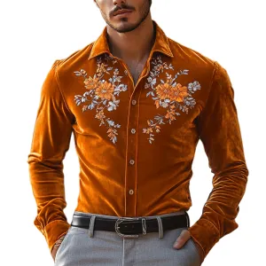 Men's Fashion Embroidery Lapel Long Sleeve Velvet Shirt 00618495Z