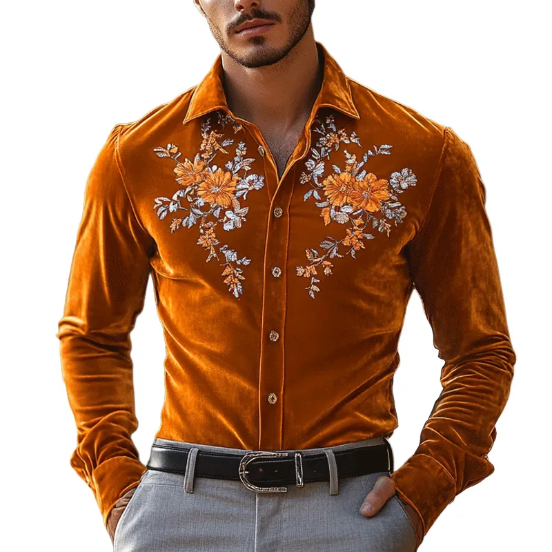 Men's Fashion Embroidery Lapel Long Sleeve Velvet Shirt 00618495Z