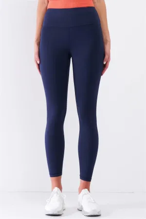 Navy Blue Mid-Rise Inner Waist Pocket Detail Tight Fit Soft Yoga & Work Out Legging Pants /1-2-2-1