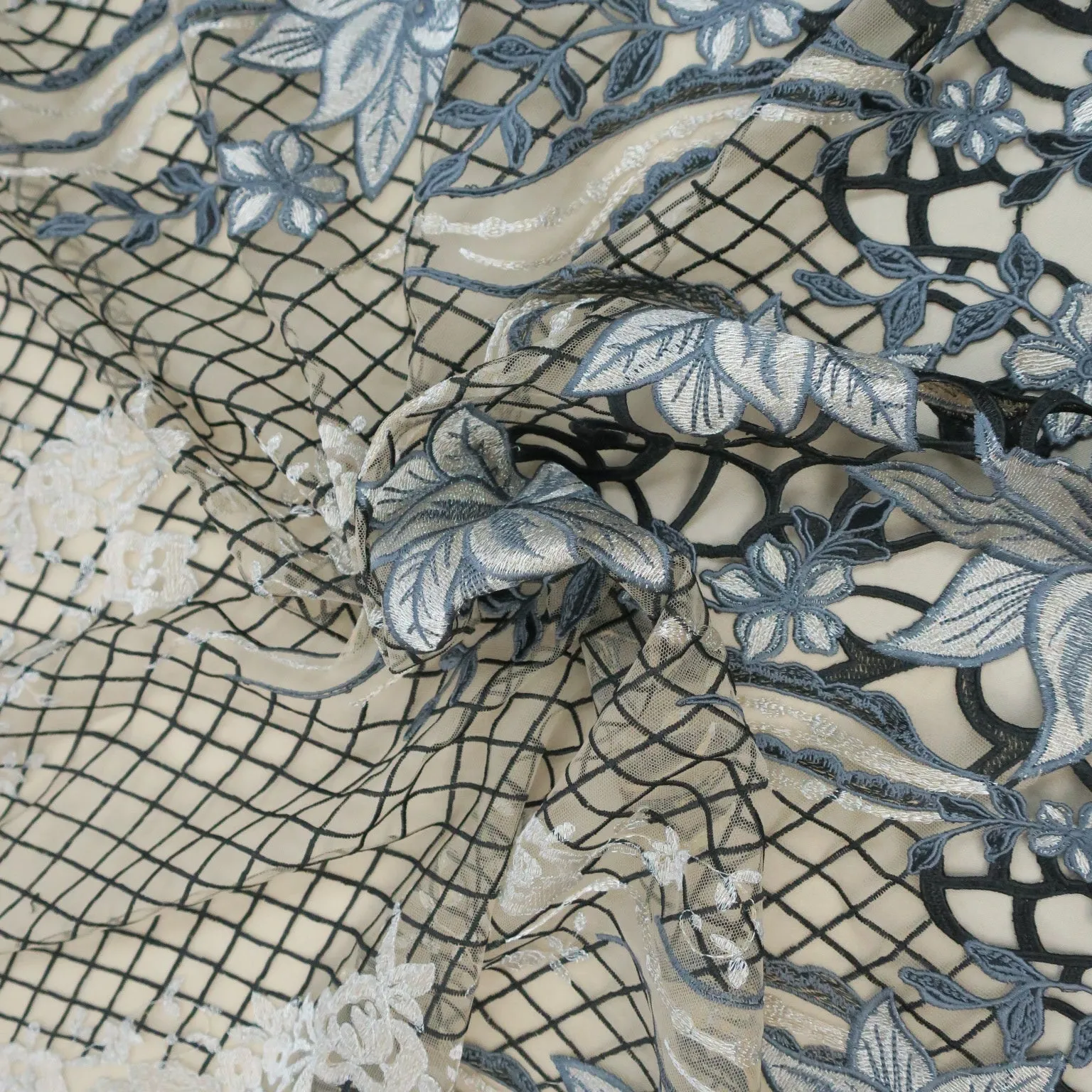 Nude Tulle with Gold Black and Silver Floral Embroidered Fabric