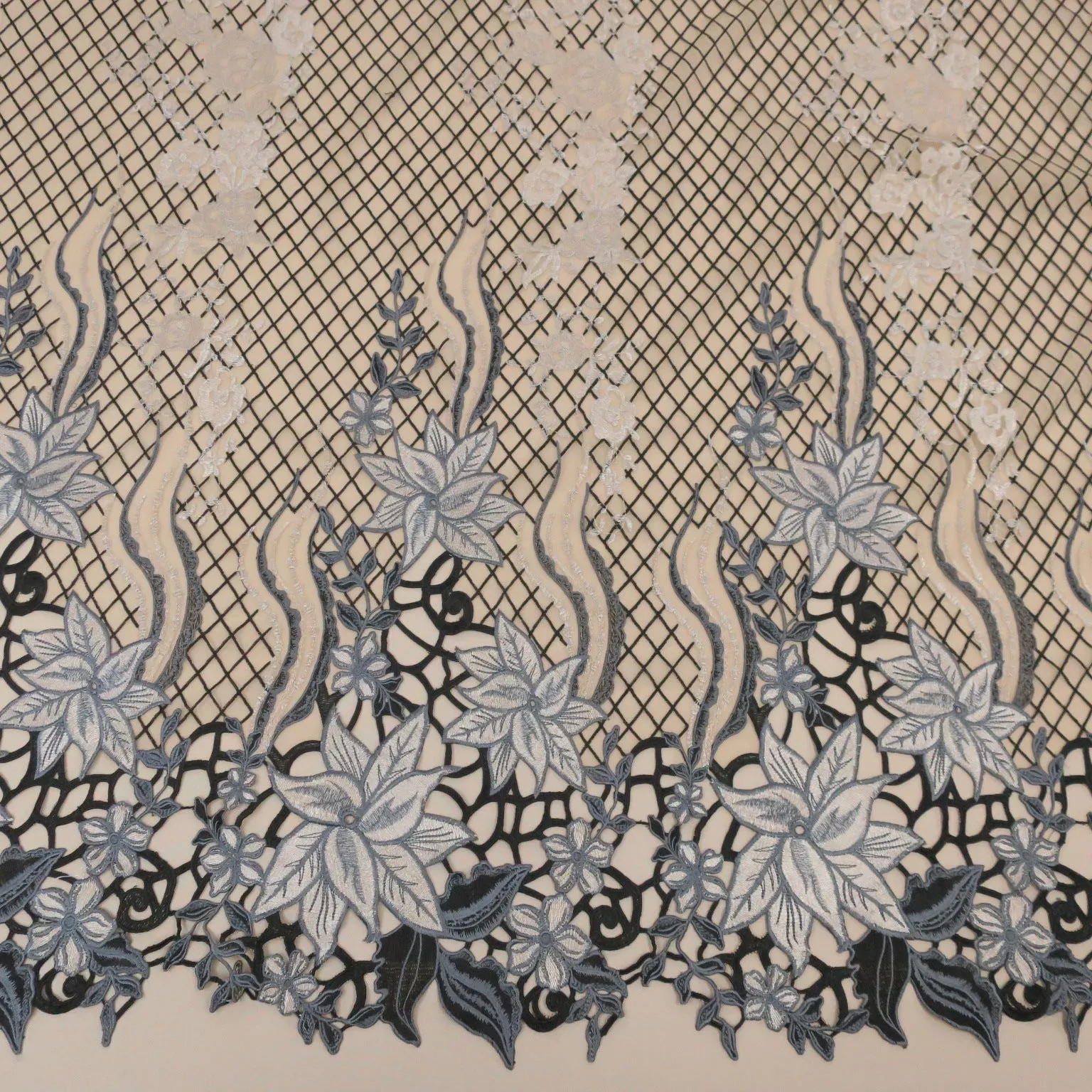 Nude Tulle with Gold Black and Silver Floral Embroidered Fabric