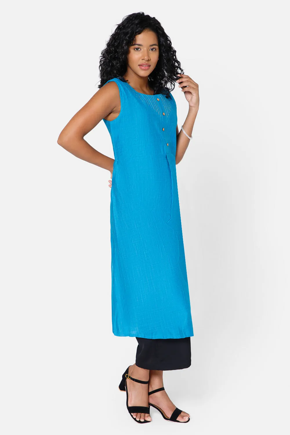 Oh Mom Sleeveless Cotton Maternity Kurthi with Round Neck and Feeding Zipper  - Blue - KU08