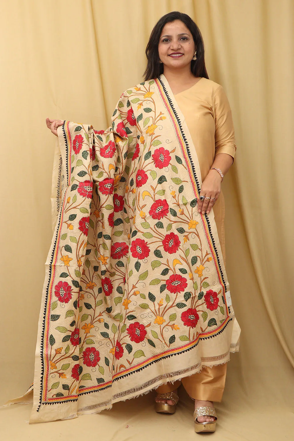 Pastel Hand Embroidered Kantha Pure Tussar Silk Dupatta