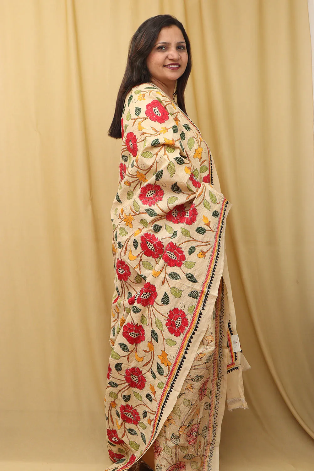 Pastel Hand Embroidered Kantha Pure Tussar Silk Dupatta