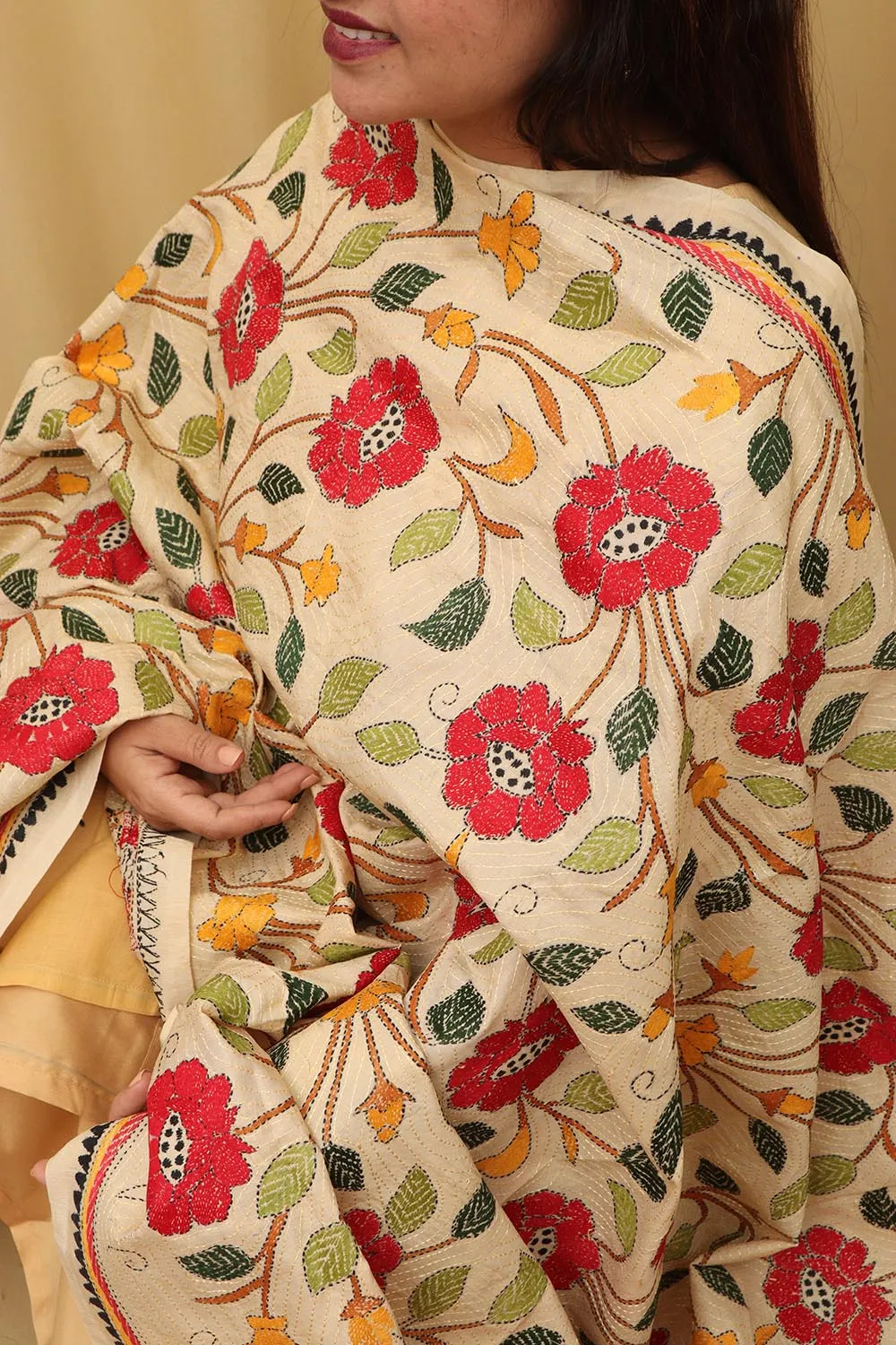 Pastel Hand Embroidered Kantha Pure Tussar Silk Dupatta