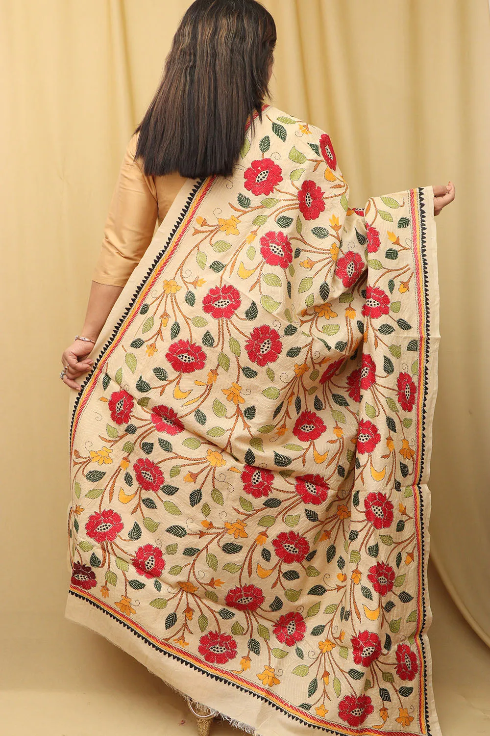 Pastel Hand Embroidered Kantha Pure Tussar Silk Dupatta