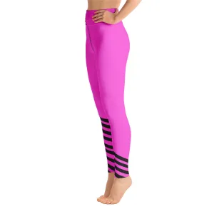 Pink Black Striped Leggings, Diagonal Striped Yoga Leggings, Long Pants Tights-Made in USA