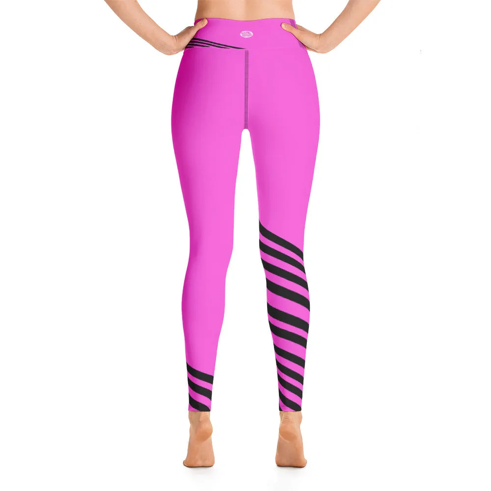 Pink Black Striped Leggings, Diagonal Striped Yoga Leggings, Long Pants Tights-Made in USA