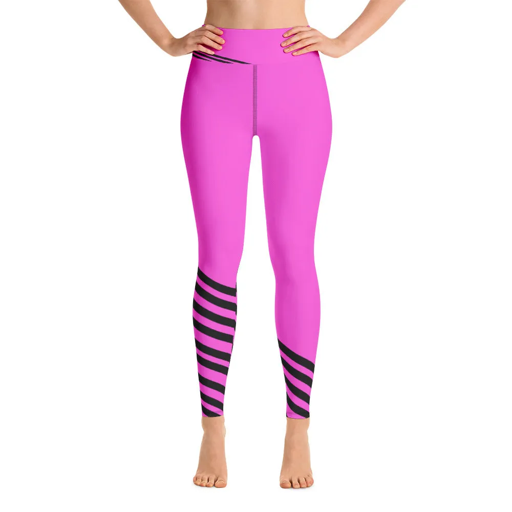Pink Black Striped Leggings, Diagonal Striped Yoga Leggings, Long Pants Tights-Made in USA