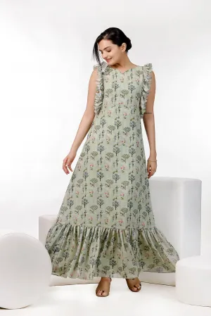 Pista Green Floral Print Maxi Gown