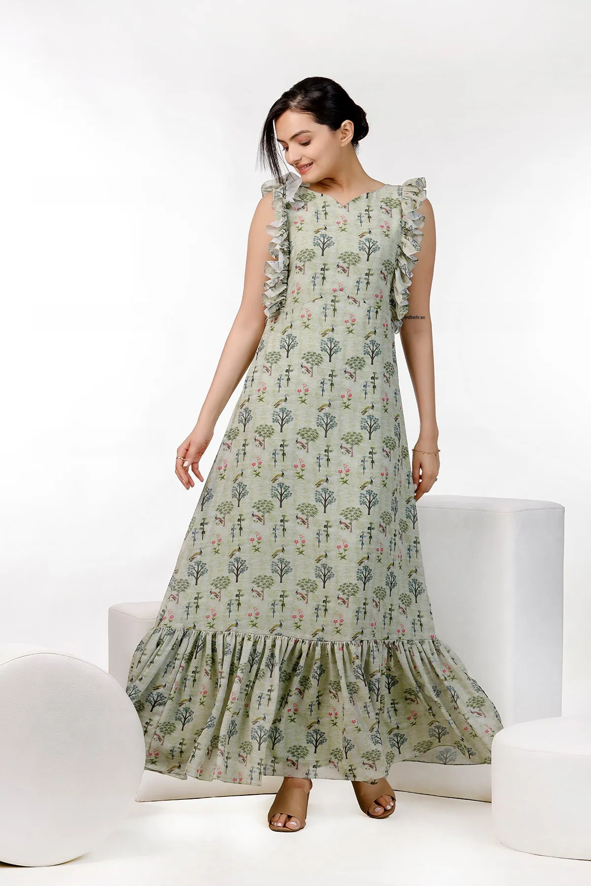 Pista Green Floral Print Maxi Gown