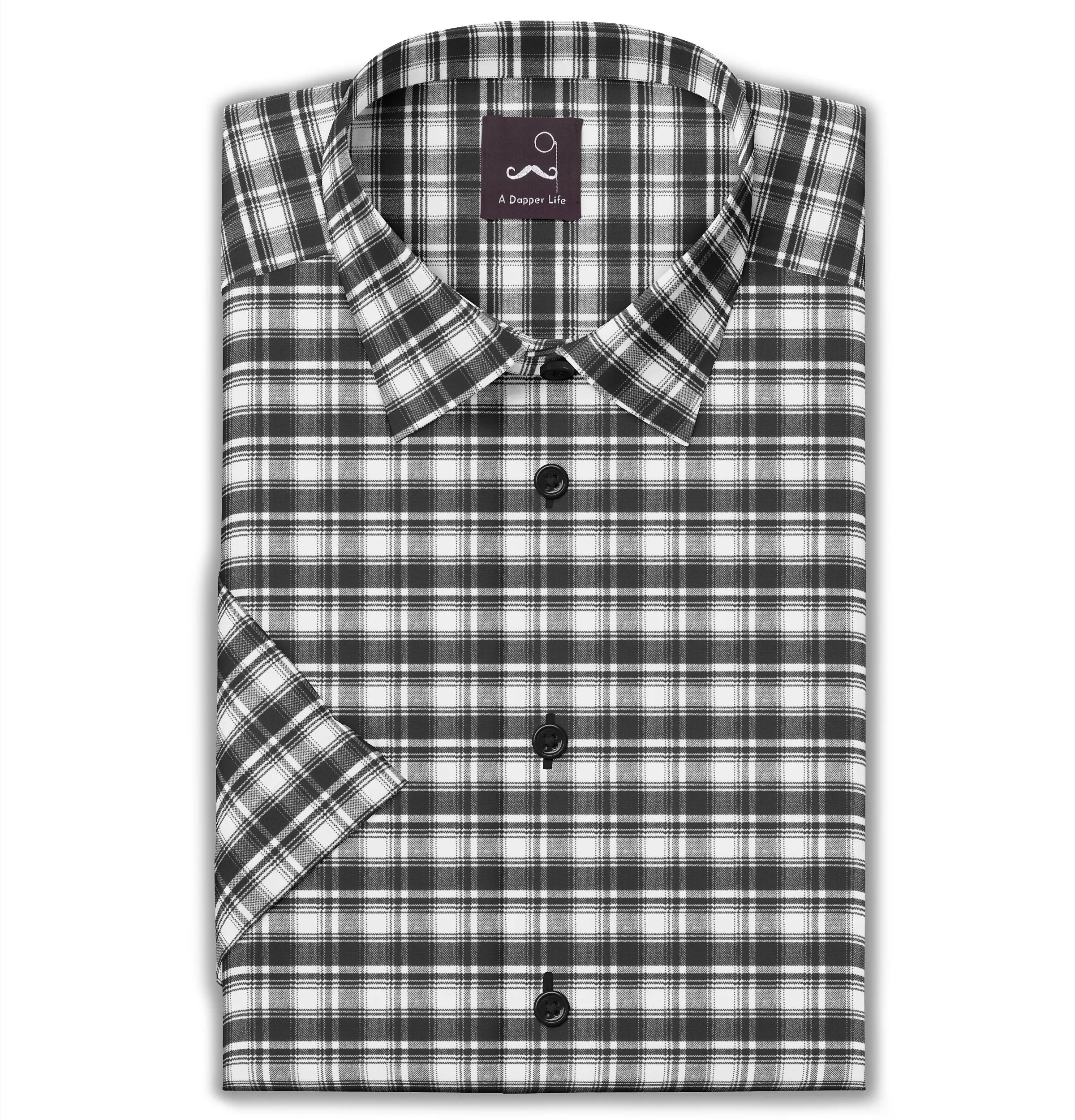 Pure Cotton - Short Sleeve - Black & White Checks Style 6